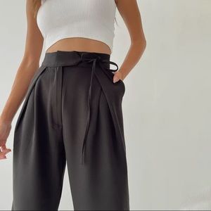 Black High Waist Tie Front Dress Pants Trousers